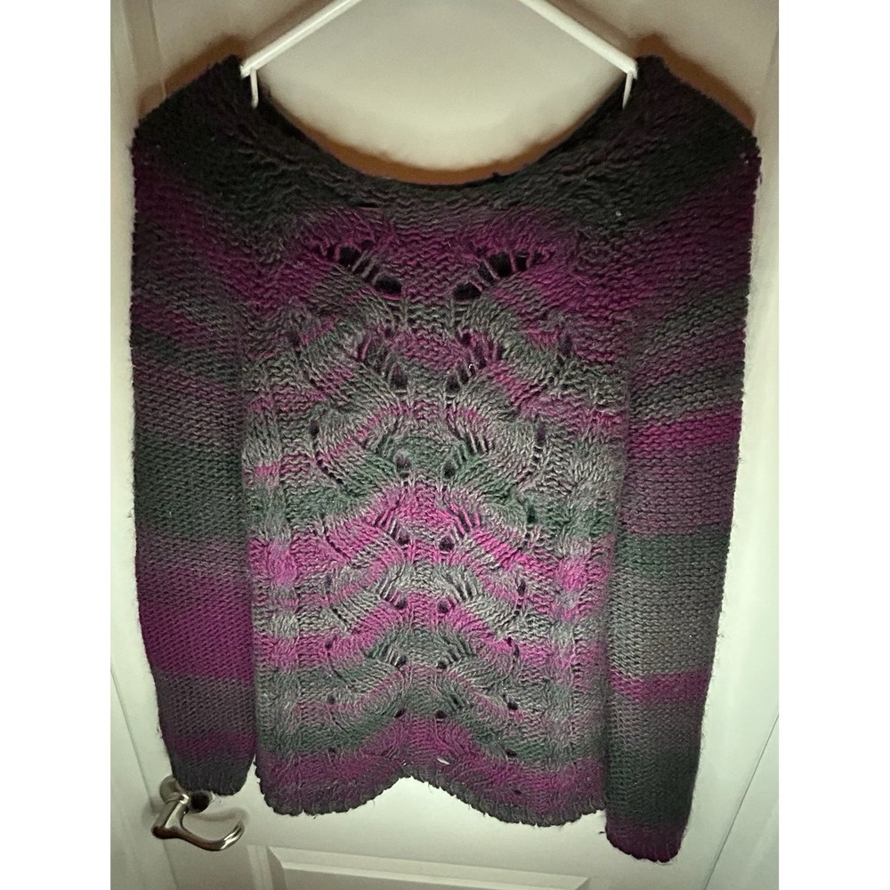 Vintage Lola's Cable Knit Green And Purple Wool Crewneck Sweater Sz Womens Small